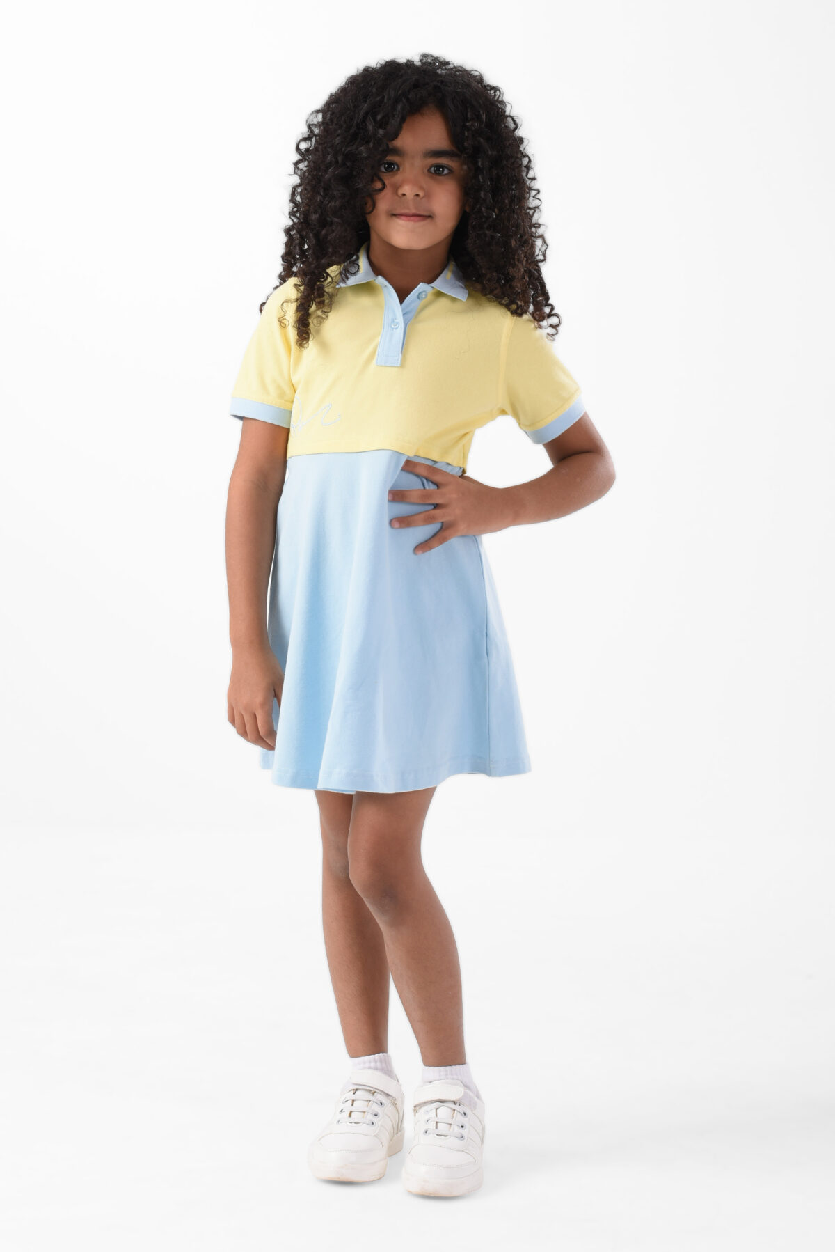 Yellow & Blue Polo Dress For Girls, Regular Fit