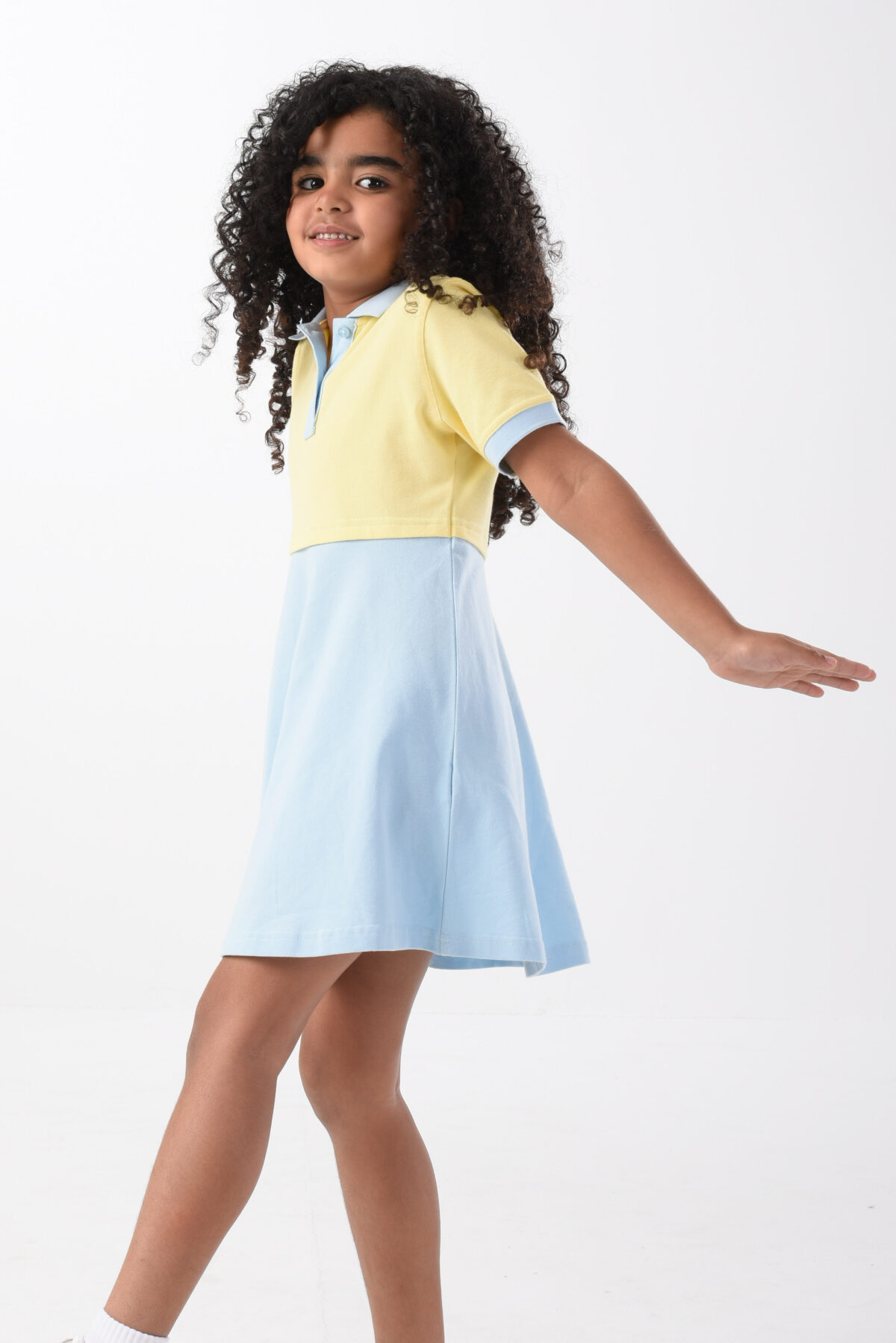 Yellow & Blue Polo Dress For Girls, Regular Fit