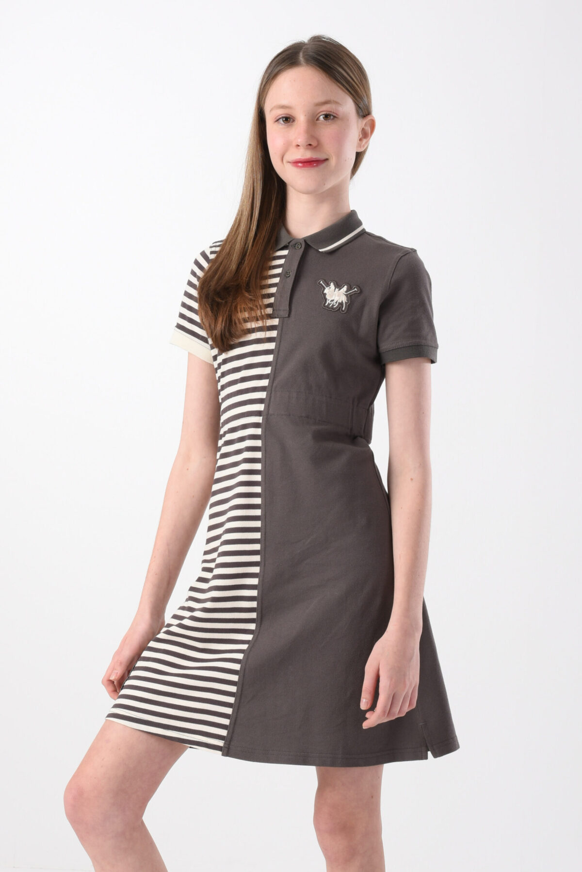 Gray & Navy Polo Dress For Girls, Regular Fit