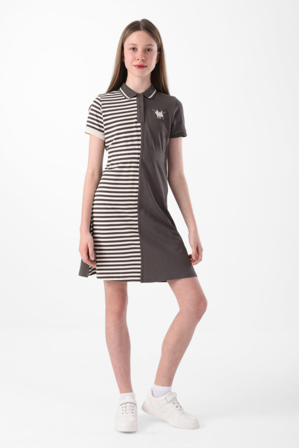 Gray & Navy Polo Dress For Girls, Regular Fit